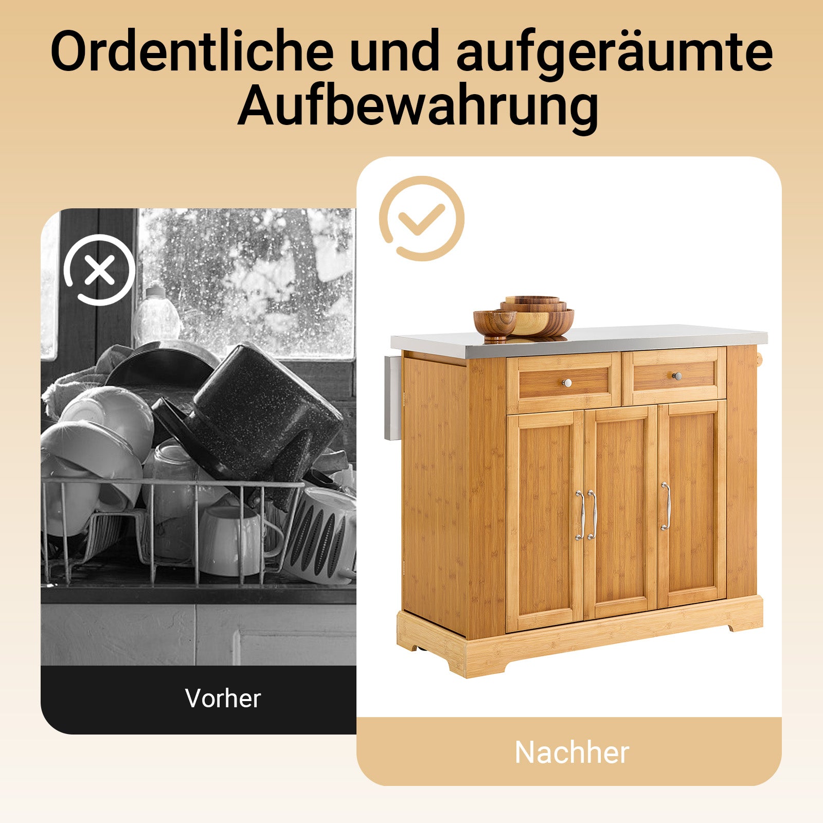 SoBuy | Îlot de cuisine | Desserte de cuisine avec plan de travail extensible | Meuble de cuisine en bambou | FKW130-N