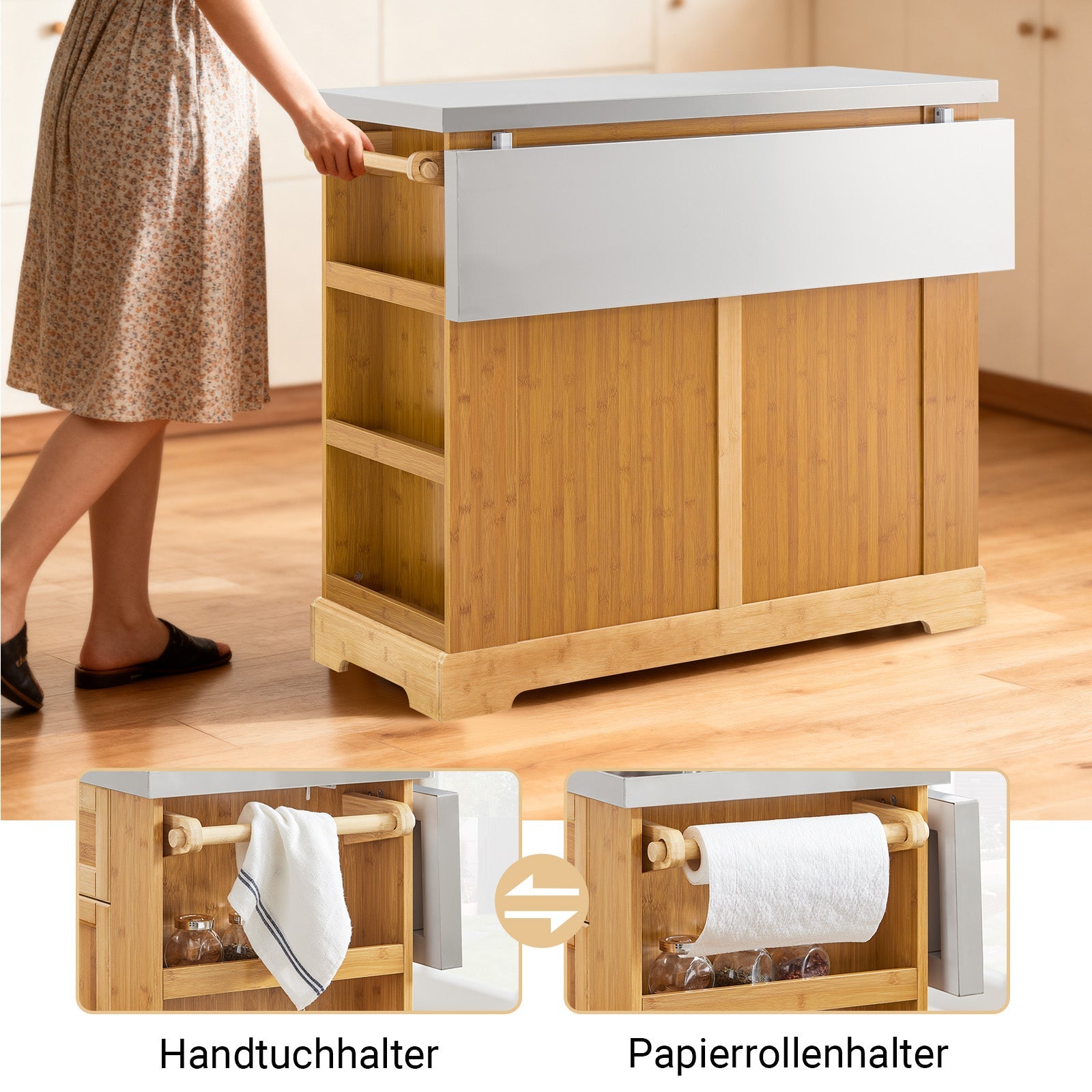 SoBuy | Îlot de cuisine | Desserte de cuisine avec plan de travail extensible | Meuble de cuisine en bambou | FKW130-N
