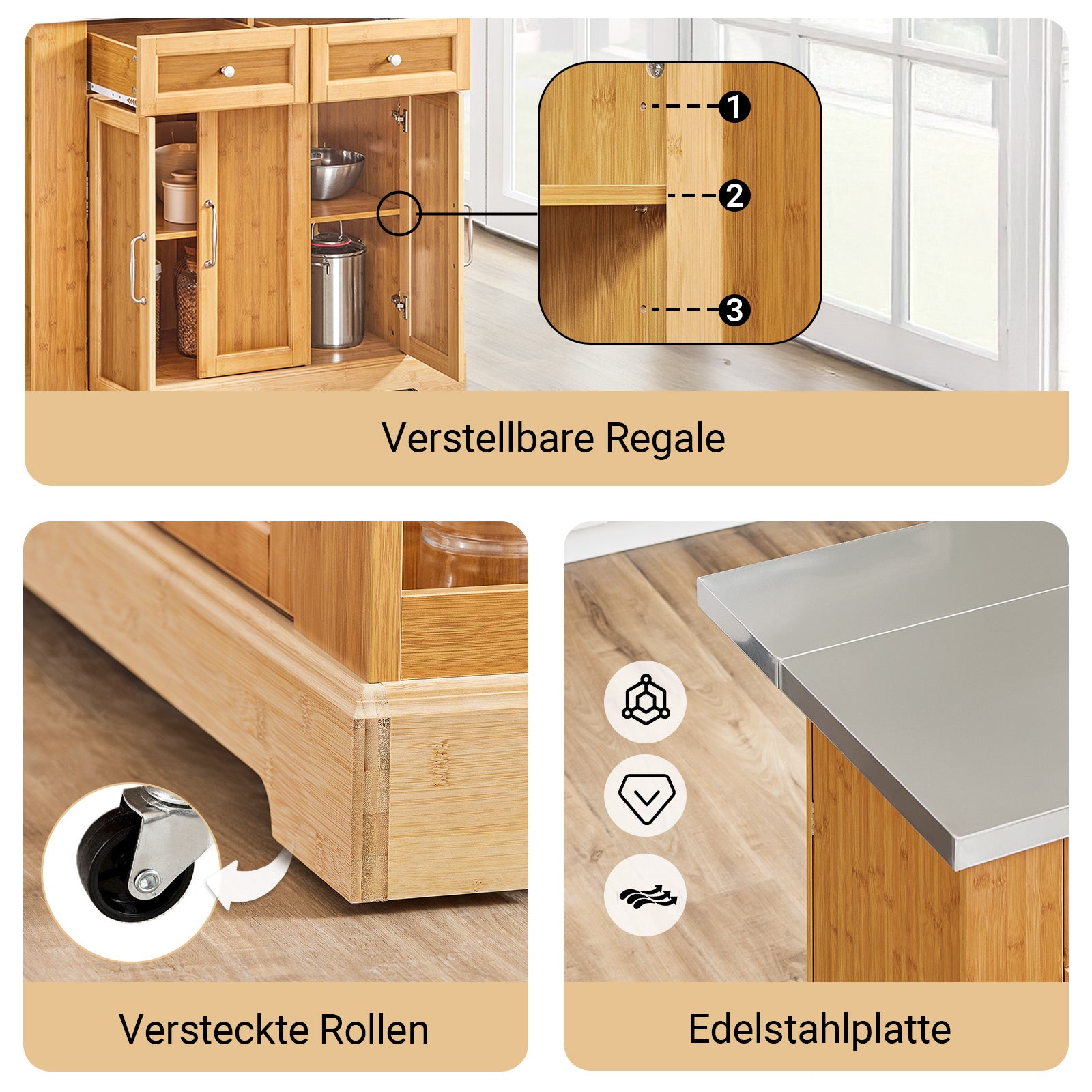 SoBuy | Îlot de cuisine | Chariot de cuisine avec plan de travail extensible | Meuble de cuisine en bambou | FKW130-N