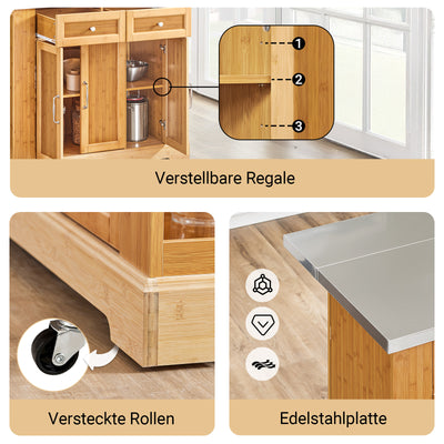SoBuy | Îlot de cuisine | Chariot de cuisine avec plan de travail extensible | Meuble de cuisine en bambou | FKW130-N