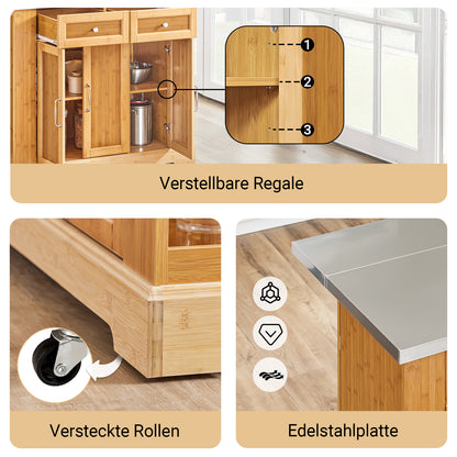 SoBuy | Îlot de cuisine | Chariot de cuisine avec plan de travail extensible | Meuble de cuisine en bambou | FKW130-N