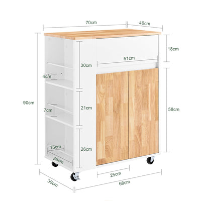 SoBuy Carrello da Cucina con Piano di Lavoro Carrello Portavivande con Ruote Bianco L70 x A90 x P40 cm FKW132-WN