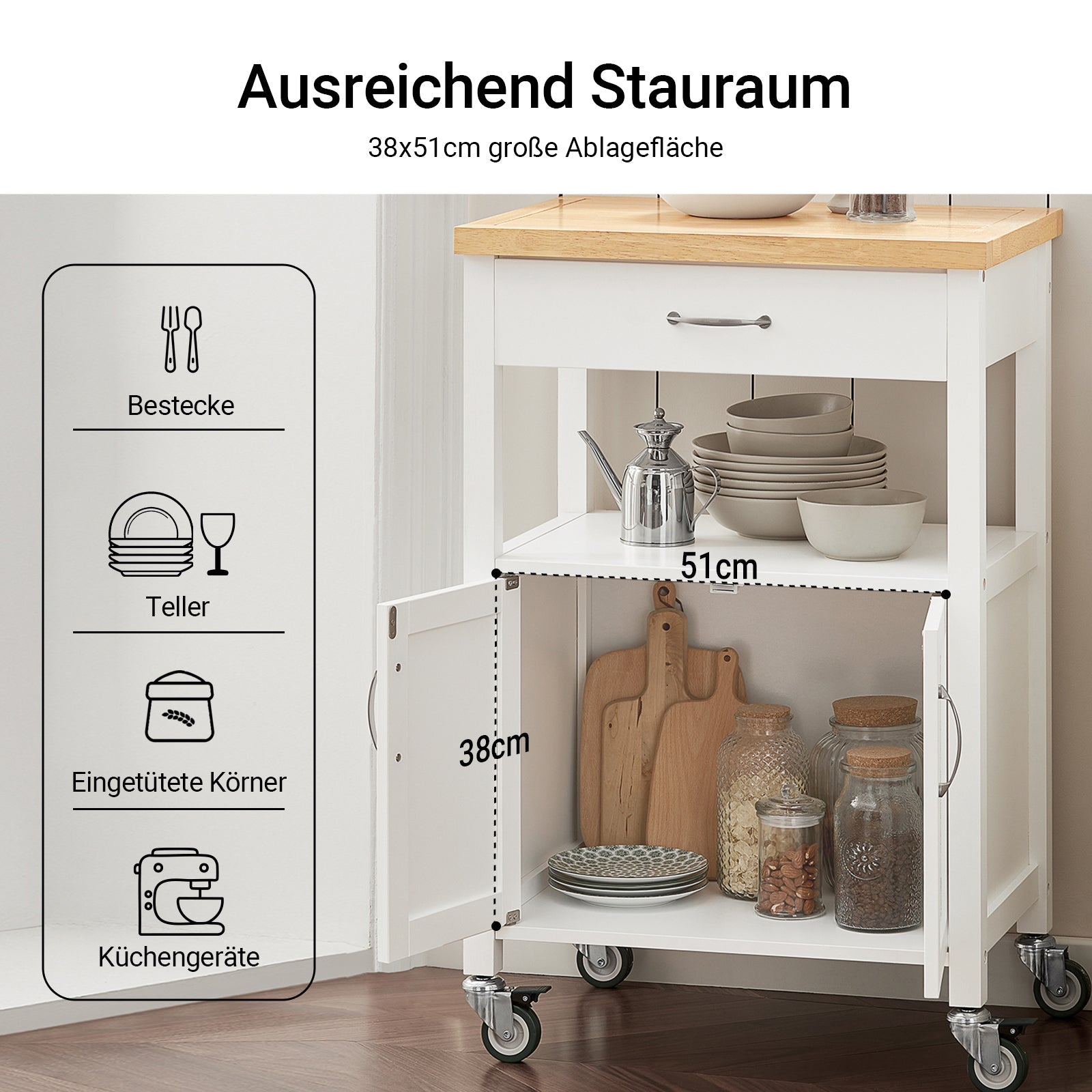 SoBuy | Carrello da portata | in legno di gomma | Bianco-Naturale | 60x92x45cm | FKW22-WN