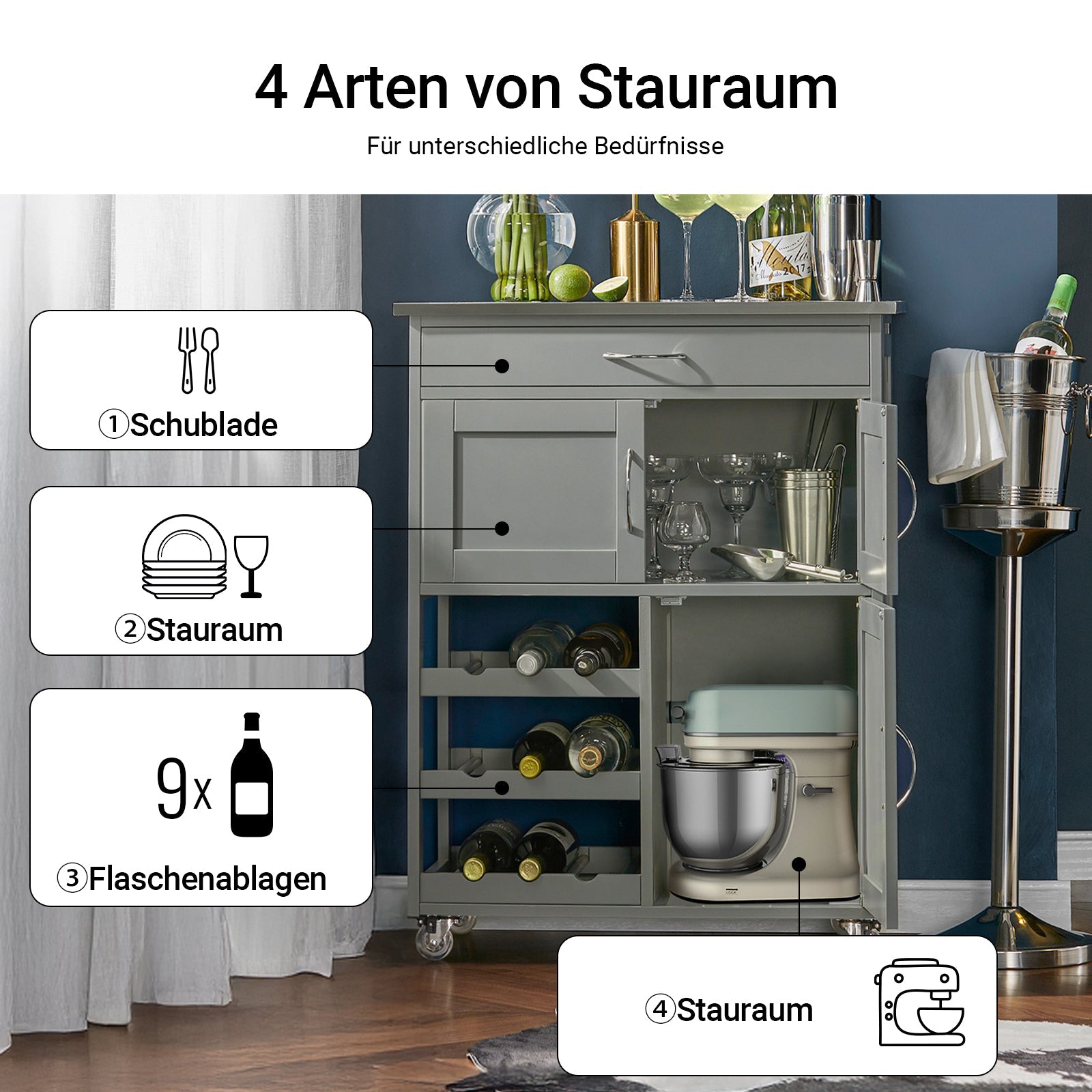 SoBuy Carrello da Cucina con Portabottiglie Grigio Chiaro 67x86x38cm FKW45-HG