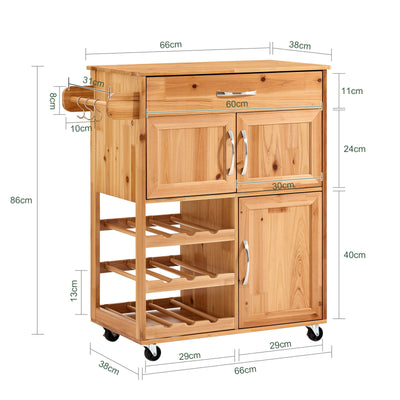 SoBuy | Carrello da portata | con portabottiglie Carrello da cucina | Colore naturale | FKW45-N