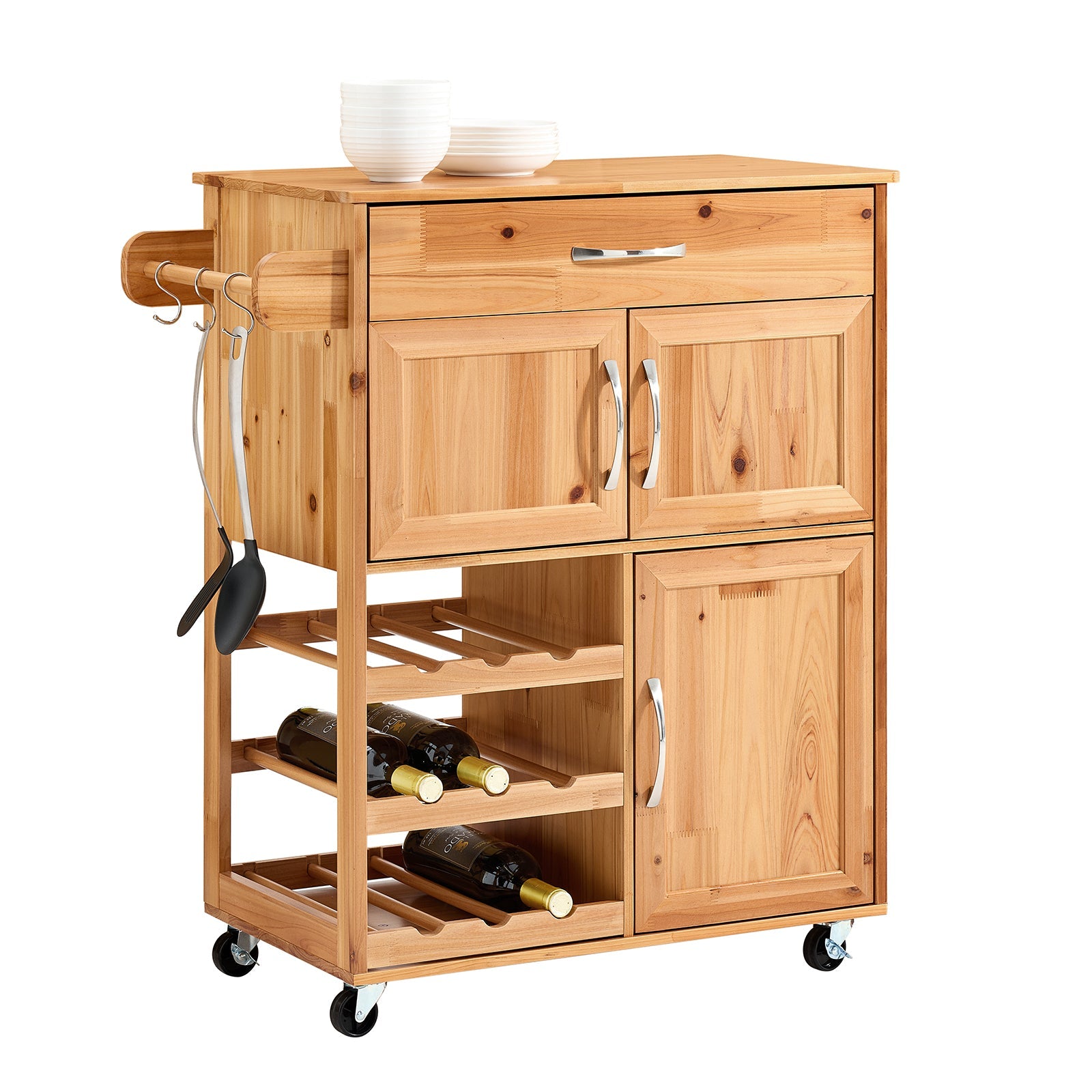 SoBuy | Carrello da portata | con portabottiglie Carrello da cucina | Colore naturale | FKW45-N
