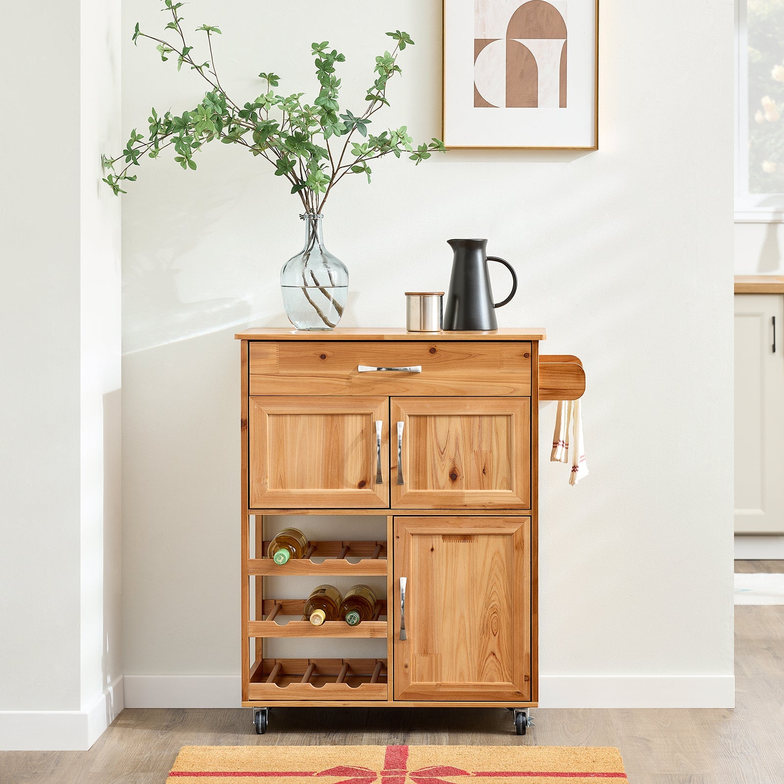 SoBuy | Carrello da portata | con portabottiglie Carrello da cucina | Colore naturale | FKW45-N