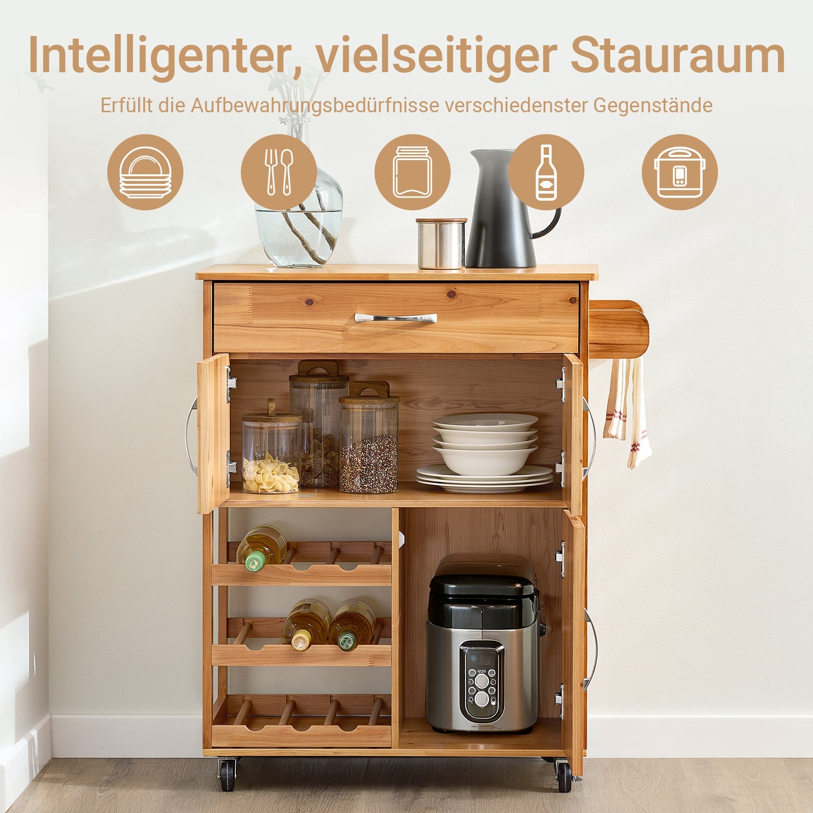 SoBuy | Carrello da portata | con portabottiglie Carrello da cucina | Colore naturale | FKW45-N