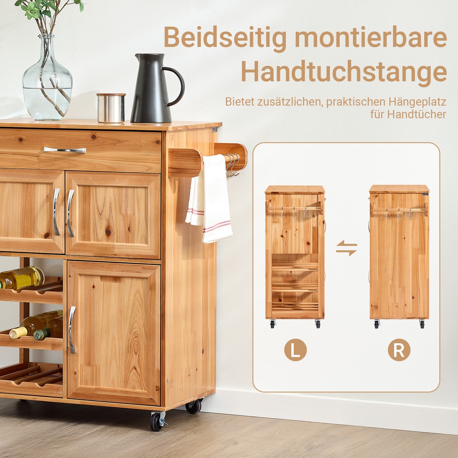 SoBuy | Carrello da portata | con portabottiglie Carrello da cucina | Colore naturale | FKW45-N