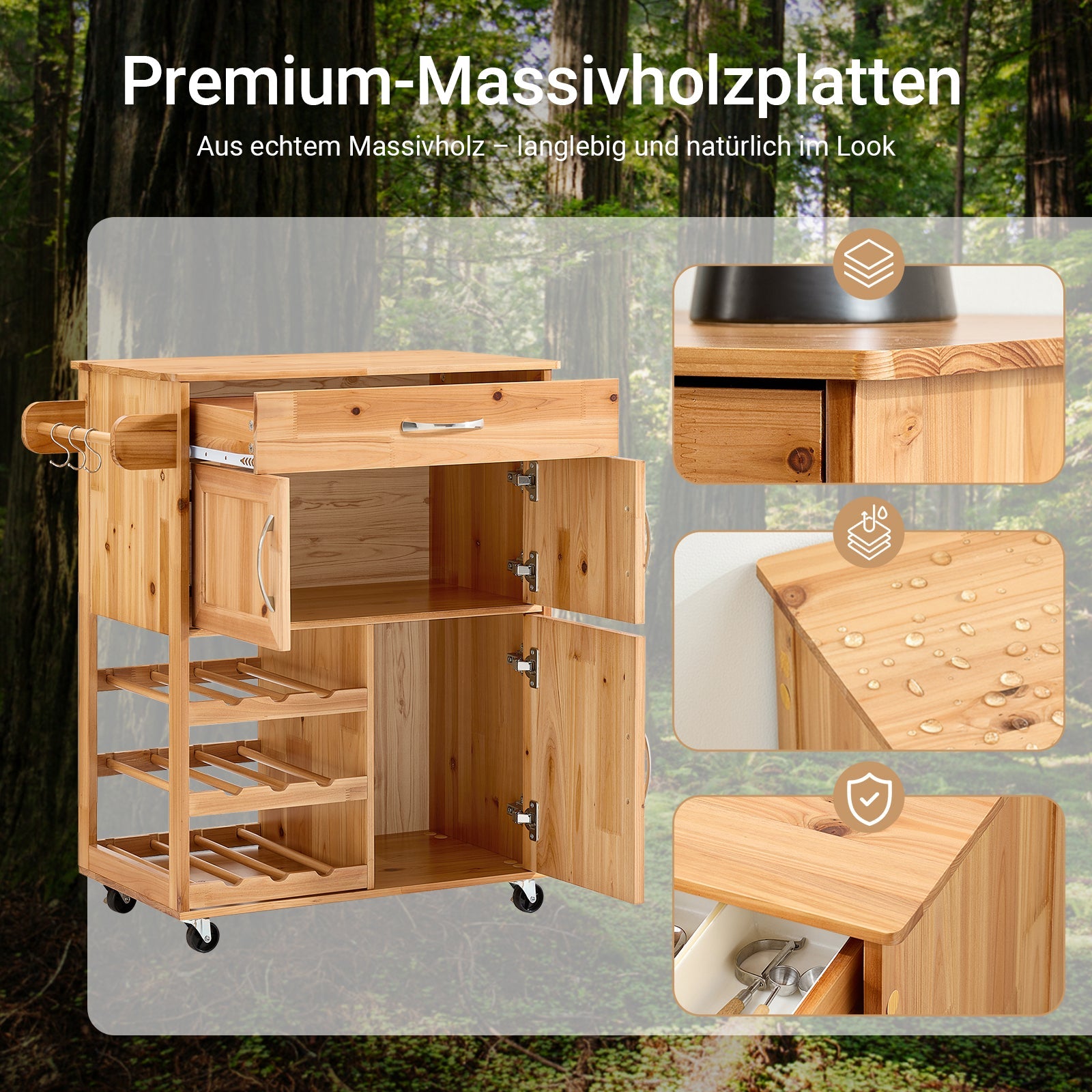 SoBuy | Carrello da portata | con portabottiglie Carrello da cucina | Colore naturale | FKW45-N