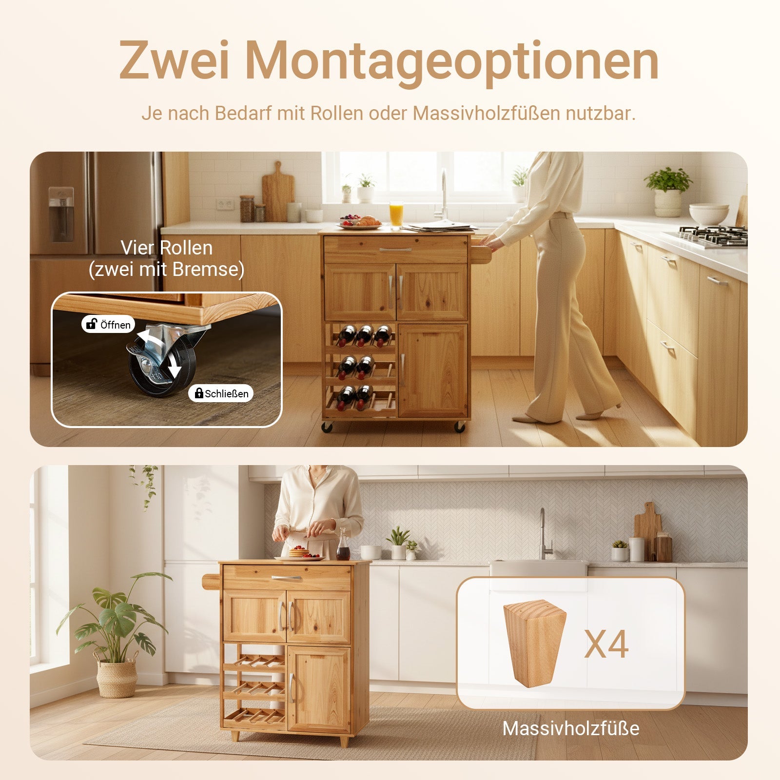 SoBuy | Carrello da portata | con portabottiglie Carrello da cucina | Colore naturale | FKW45-N
