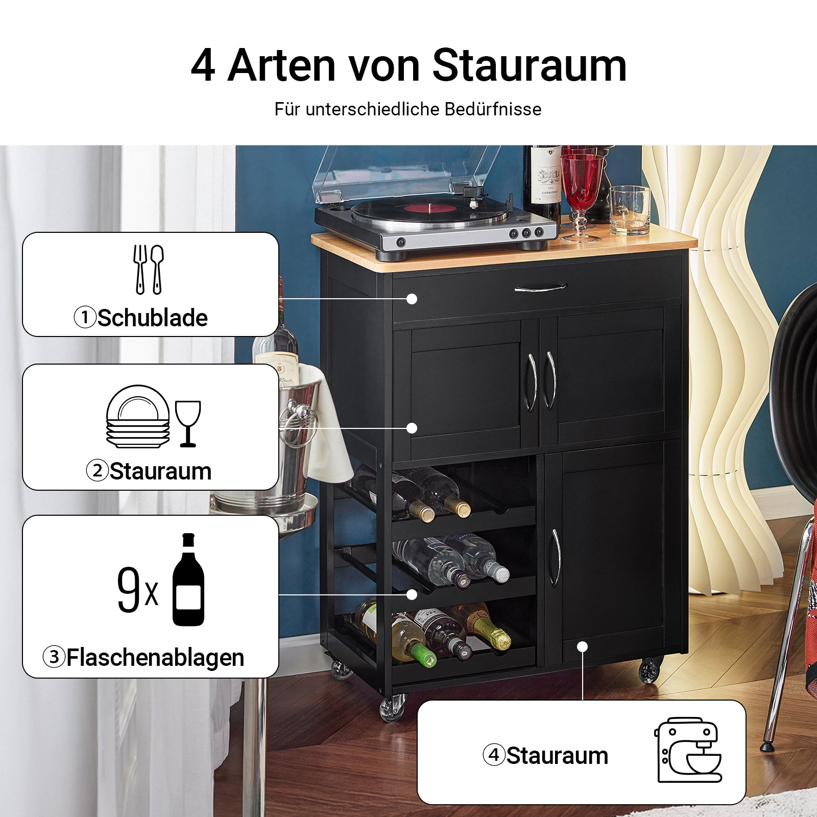 Chariot de service SoBuy avec étagères à bouteilles, chariot de cuisine noir 67 x 87 x 38 cm FKW45-SCH 