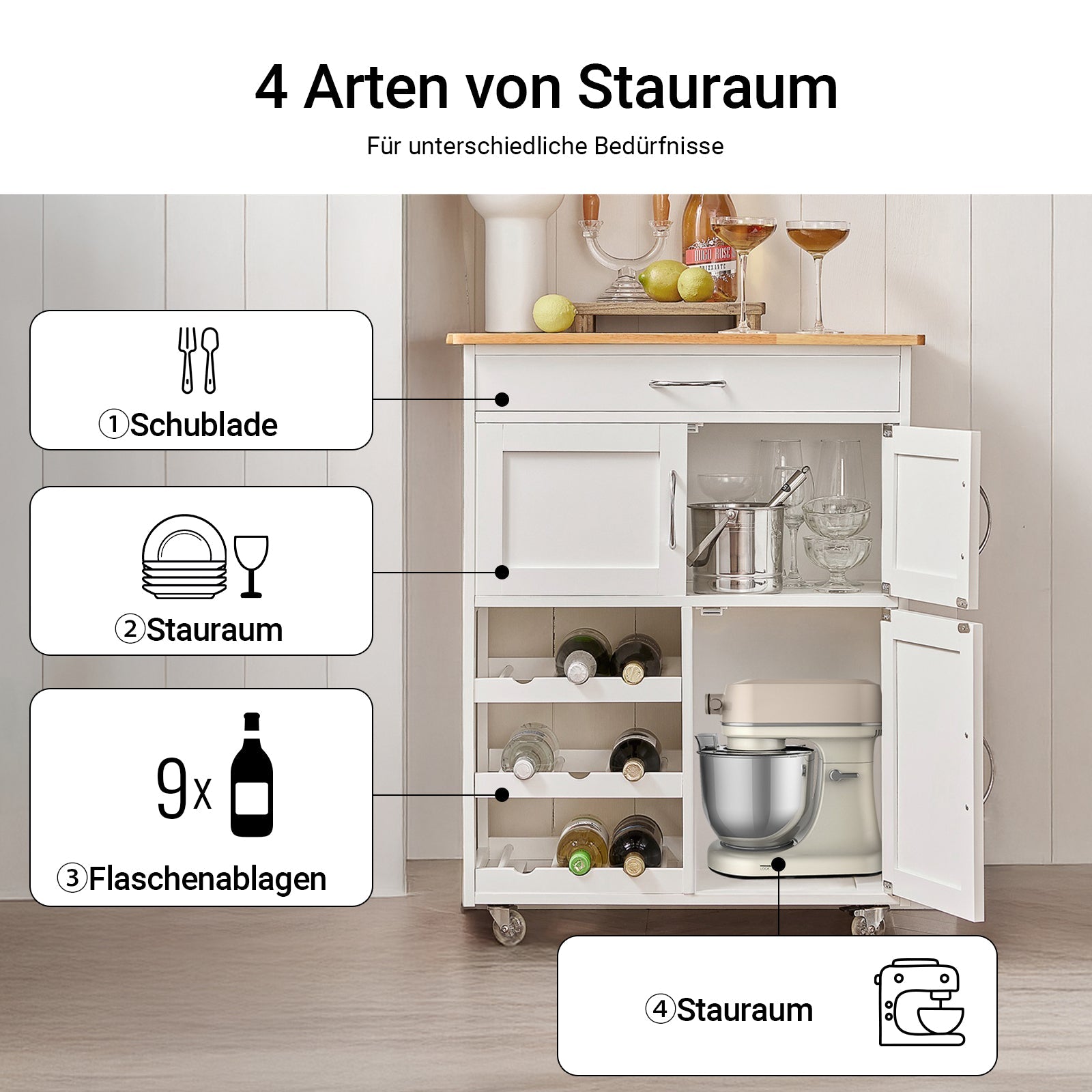 SoBuy Carrello da Cucina con portabottiglie Bianco 67x86x38cm FKW45-WN