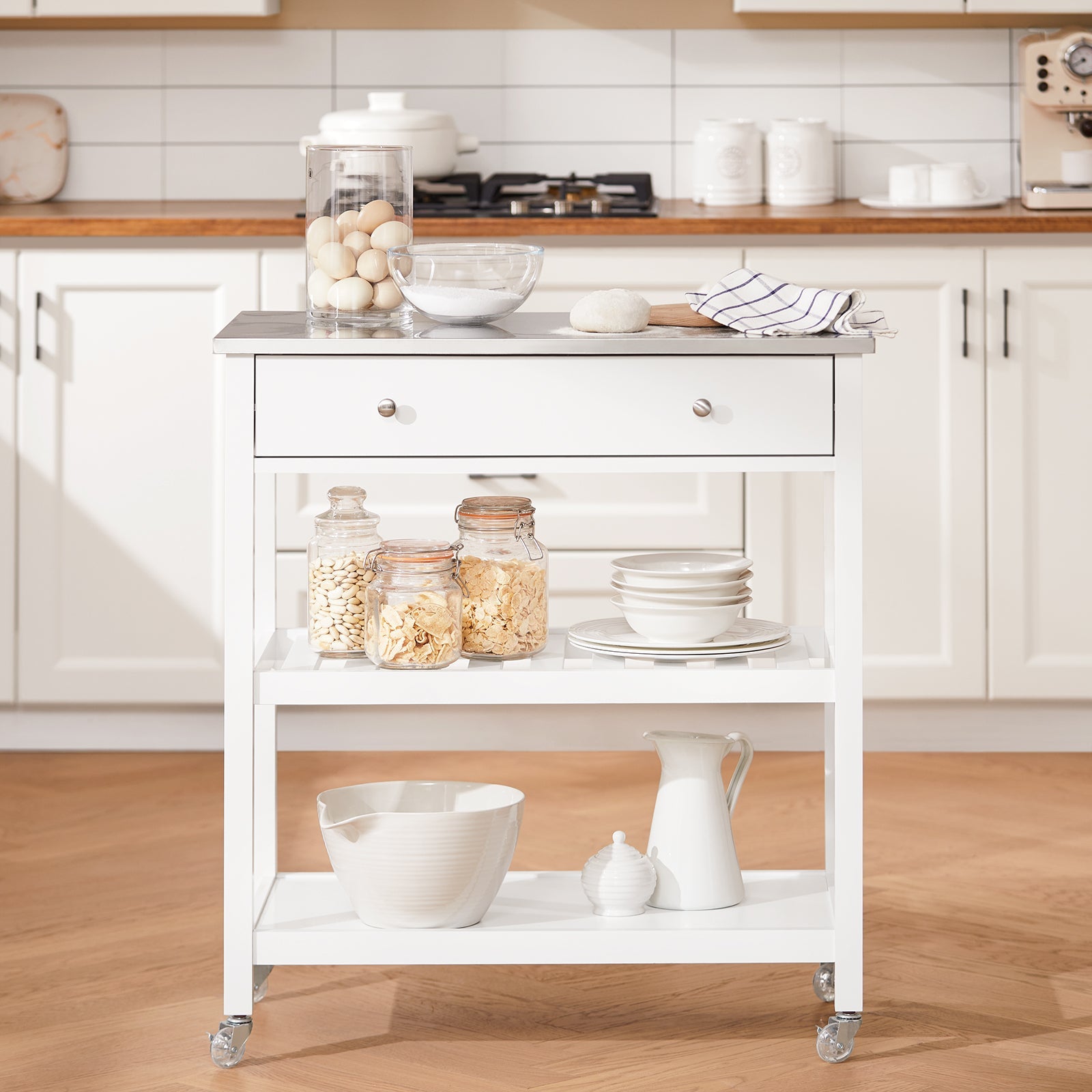 SoBuy | Carrello da Cucina con Piano in Acciaio Inox | Credenza | Carrello di Servizio Bianco | 81x90x45cm | FKW47-II-W