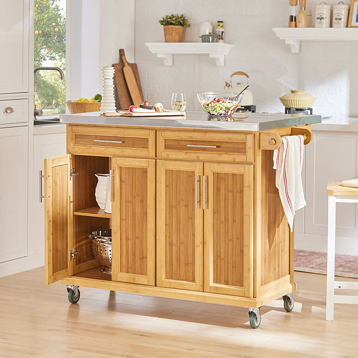 SoBuy | Isola da cucina | Carrello da cucina con piano di lavoro estensibile | Armadietto da cucina in bambù | FKW69-N