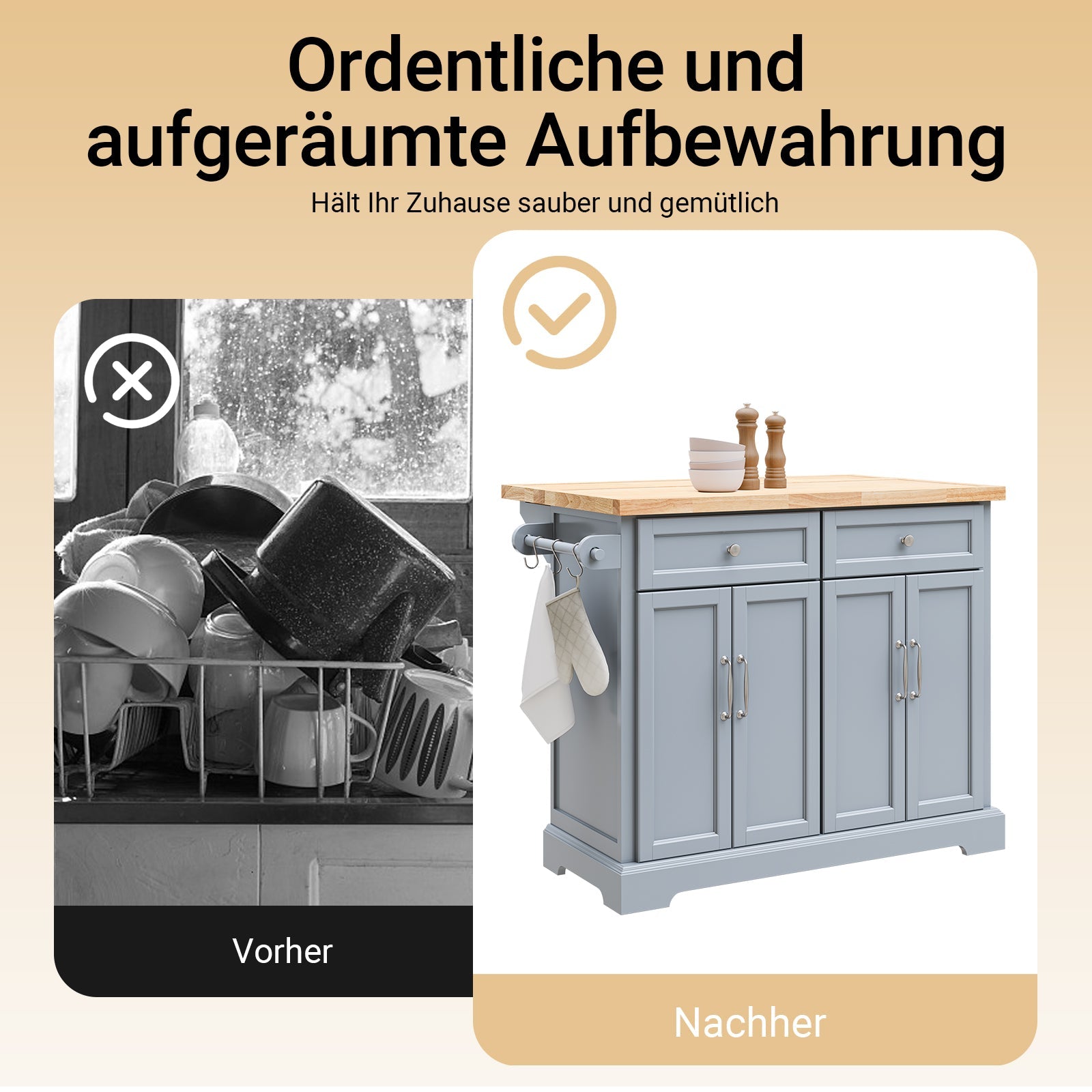 SoBuy | Isola da Cucina | Carrello da Cucina con Piano di Lavoro Estensibile | Armadietto da Cucina | FKW71-II-HG