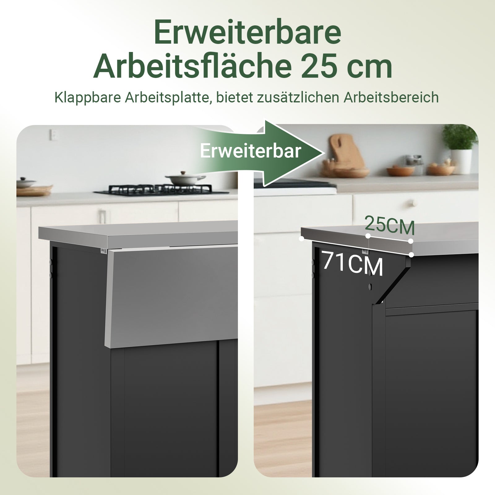 SoBuy | Kücheninsel | Küchenwagen mit erweiterbarer Arbeitsfläche Schwarz | FKW71-II-SCH