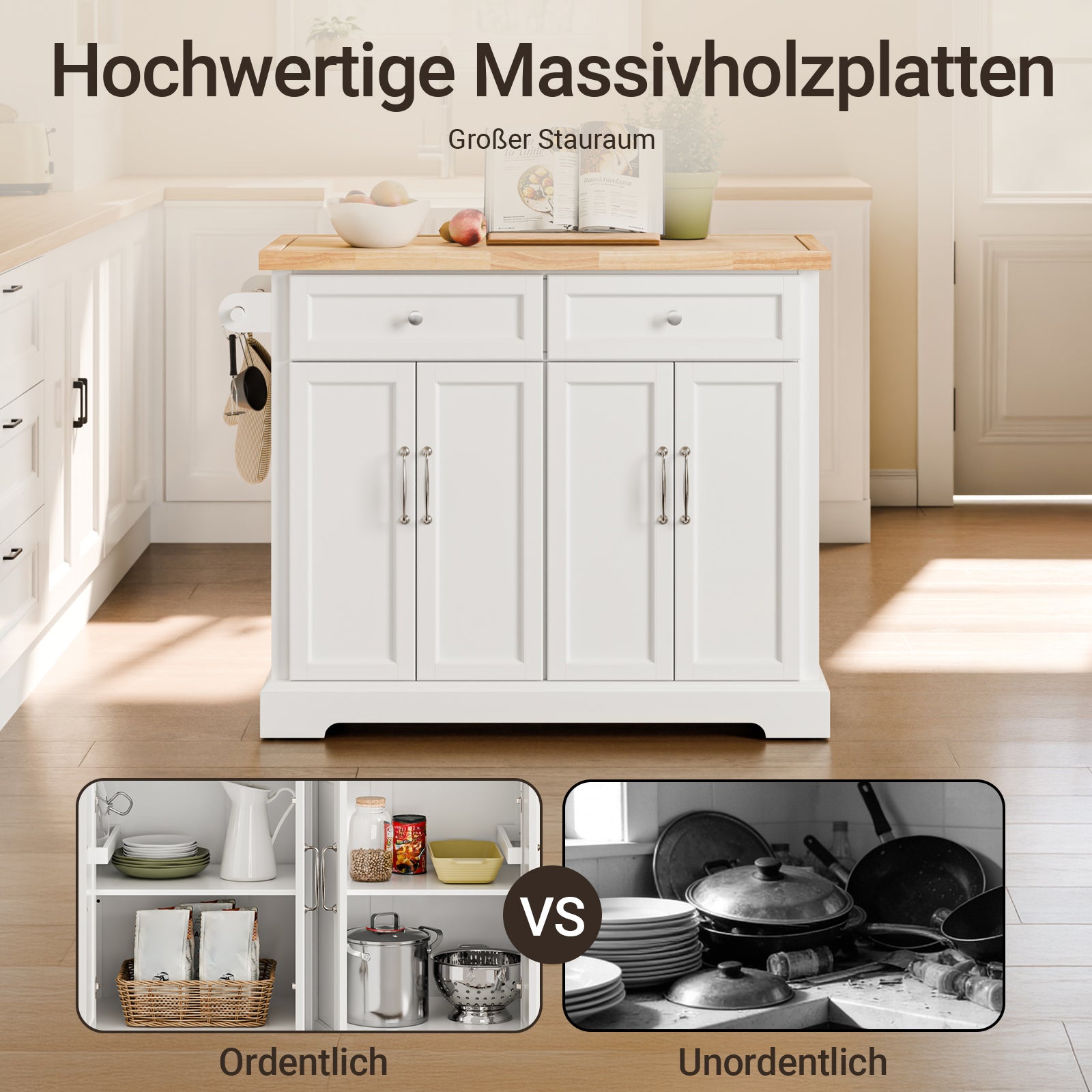 SoBuy | Îlot de cuisine | Chariot de cuisine avec plan de travail extensible | Meuble de cuisine blanc | FKW71-II-WN 