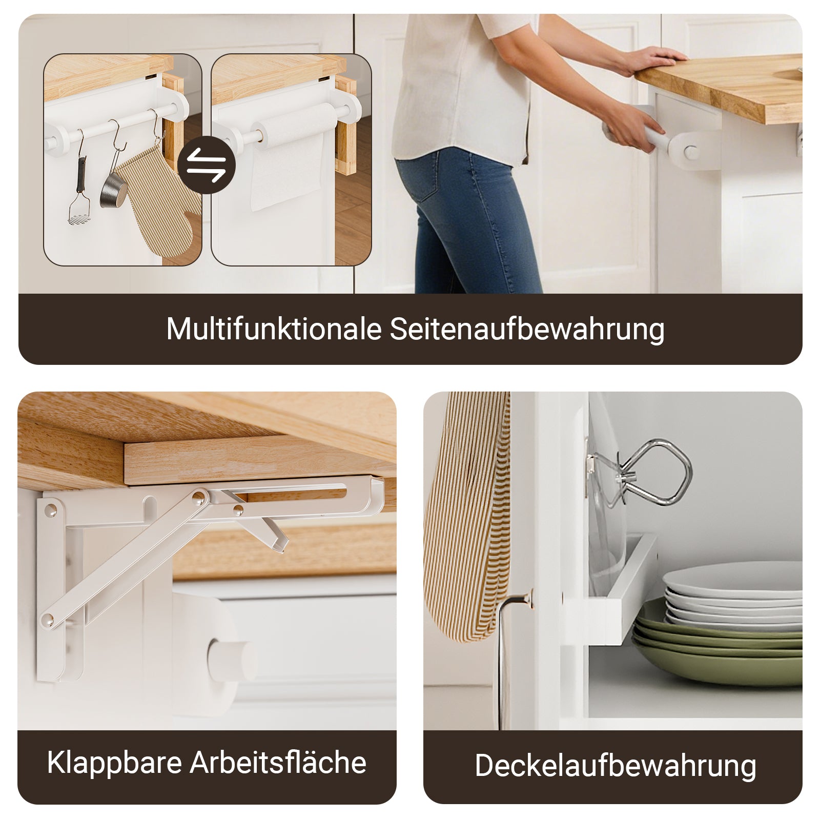 SoBuy | Îlot de cuisine | Chariot de cuisine avec plan de travail extensible | Meuble de cuisine blanc | FKW71-II-WN 