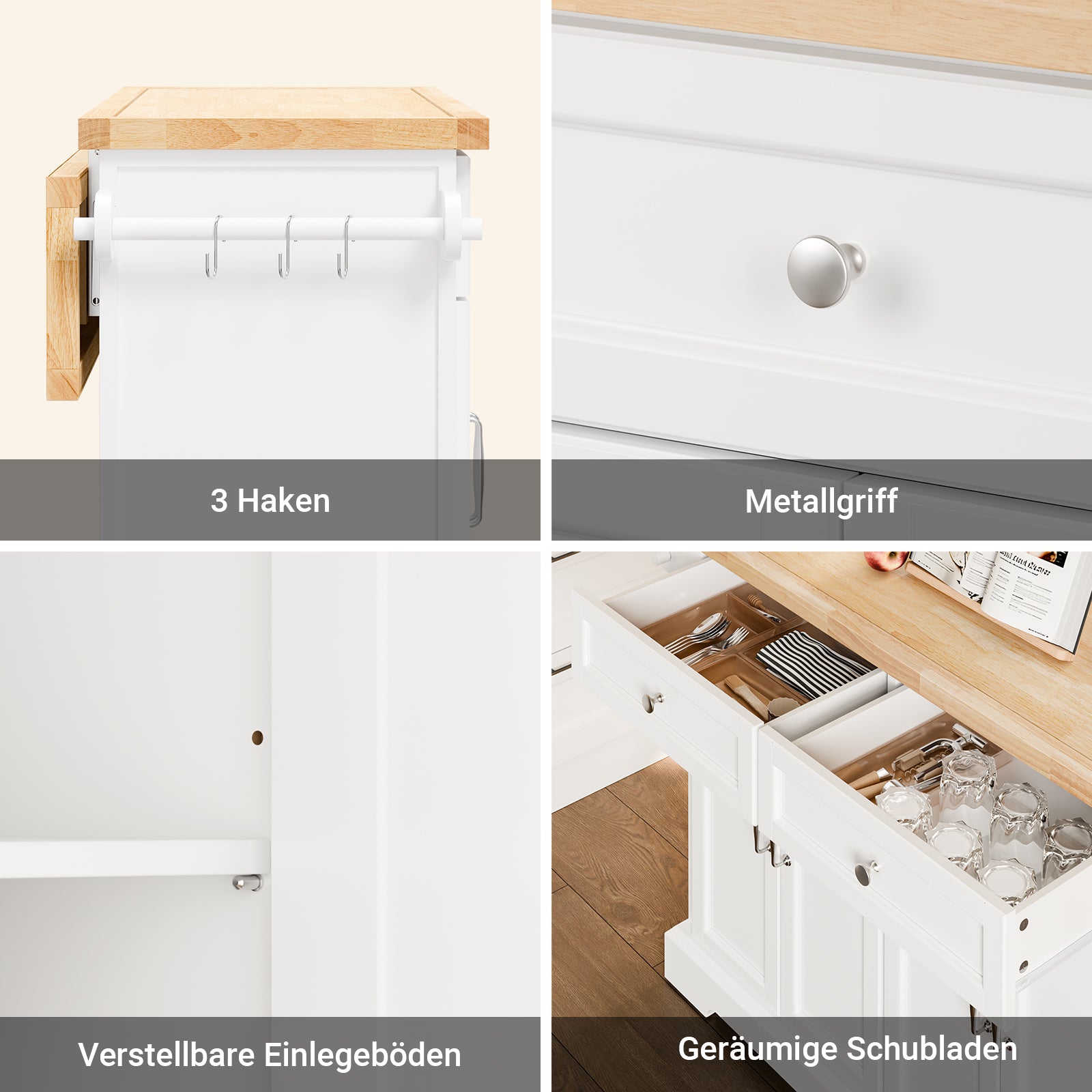 SoBuy | Îlot de cuisine | Chariot de cuisine avec plan de travail extensible | Meuble de cuisine blanc | FKW71-II-WN 