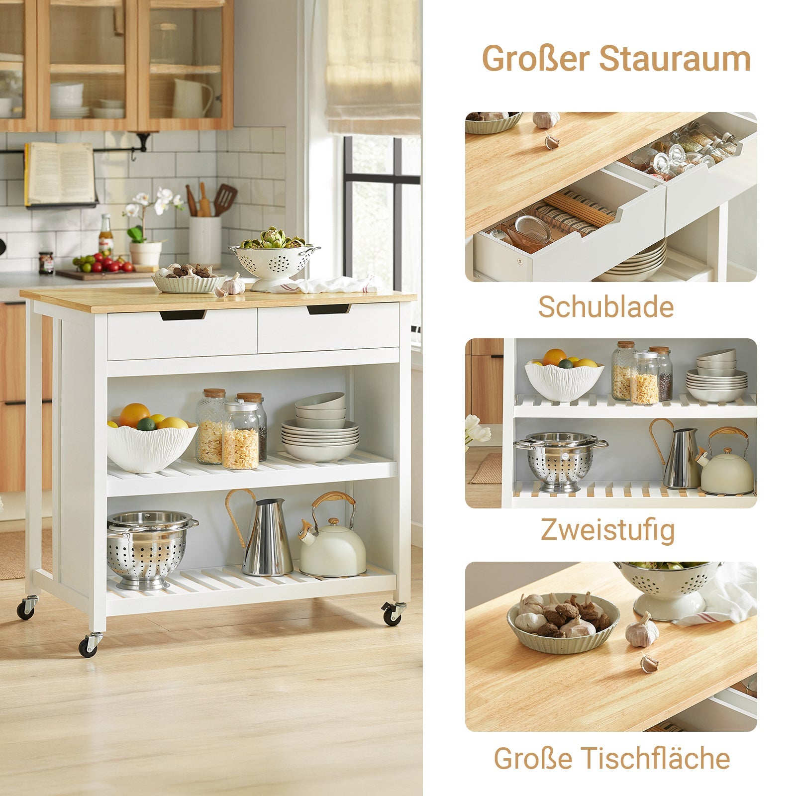 SoBuy | Îlot de cuisine | Meuble de cuisine | Desserte de cuisine | Blanc-Naturel | FKW74-WN