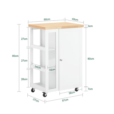 SoBuy Küchenwagen mit 3 Ablagen Weiß-Natur 60x90x40cm FKW75-WN