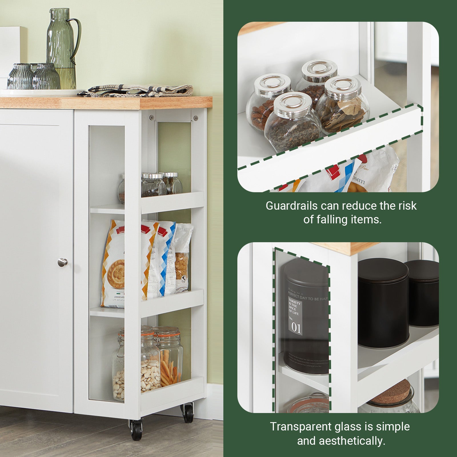SoBuy Küchenwagen mit 3 Ablagen Weiß-Natur 60x90x40cm FKW75-WN