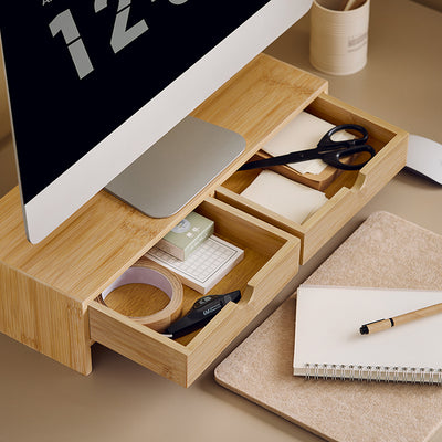 SoBuy | Support pour écran | Support pour écran avec tiroirs | Bambou | FRG198-N 