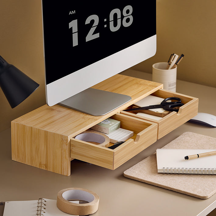 SoBuy | Monitorerhöhung | Monitorständer mit Schubladen | Bambus | FRG198-N