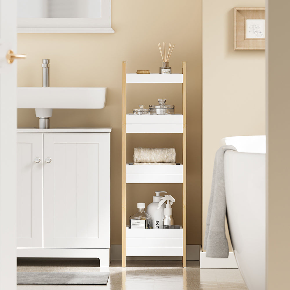 SoBuy Badezimmerschrank Schmal 20cm Breit mit 4 Stabilen Regalen Weiß | FRG226-H-WN
