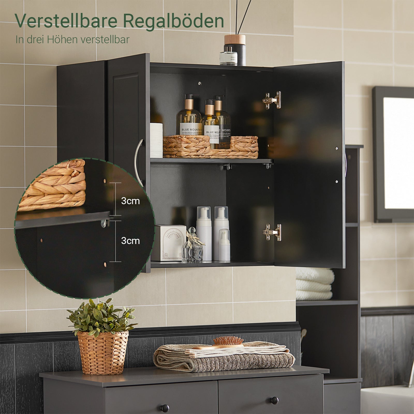 SoBuy | Pensile | Armadietto da parete | Armadietto da bagno nero | Armadietto dei medicinali | FRG231-SCH