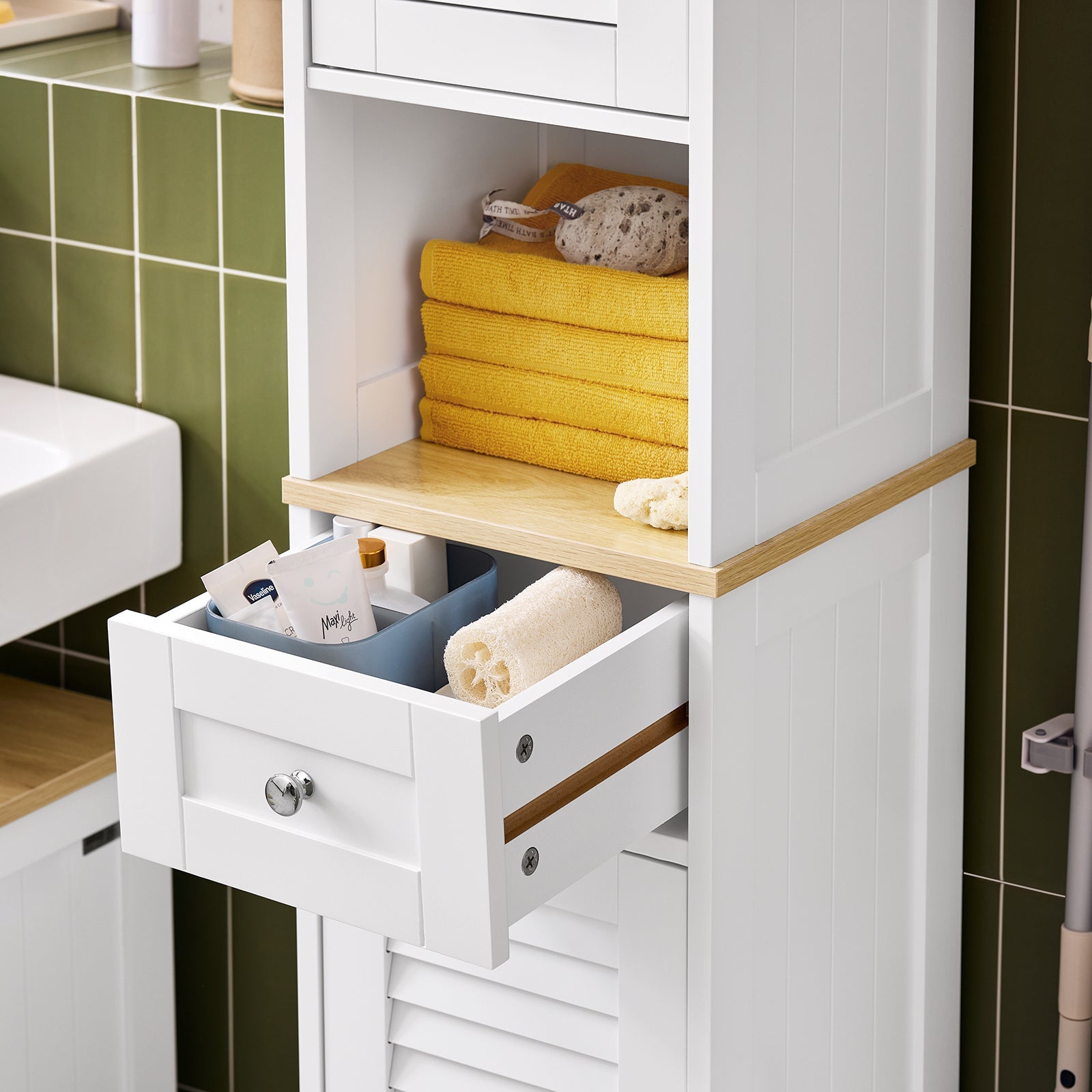 SoBuy | Mobile alto da bagno | Armadietto da bagno | Scaffale da bagno | Bianco e legno naturale | FRG236-WN