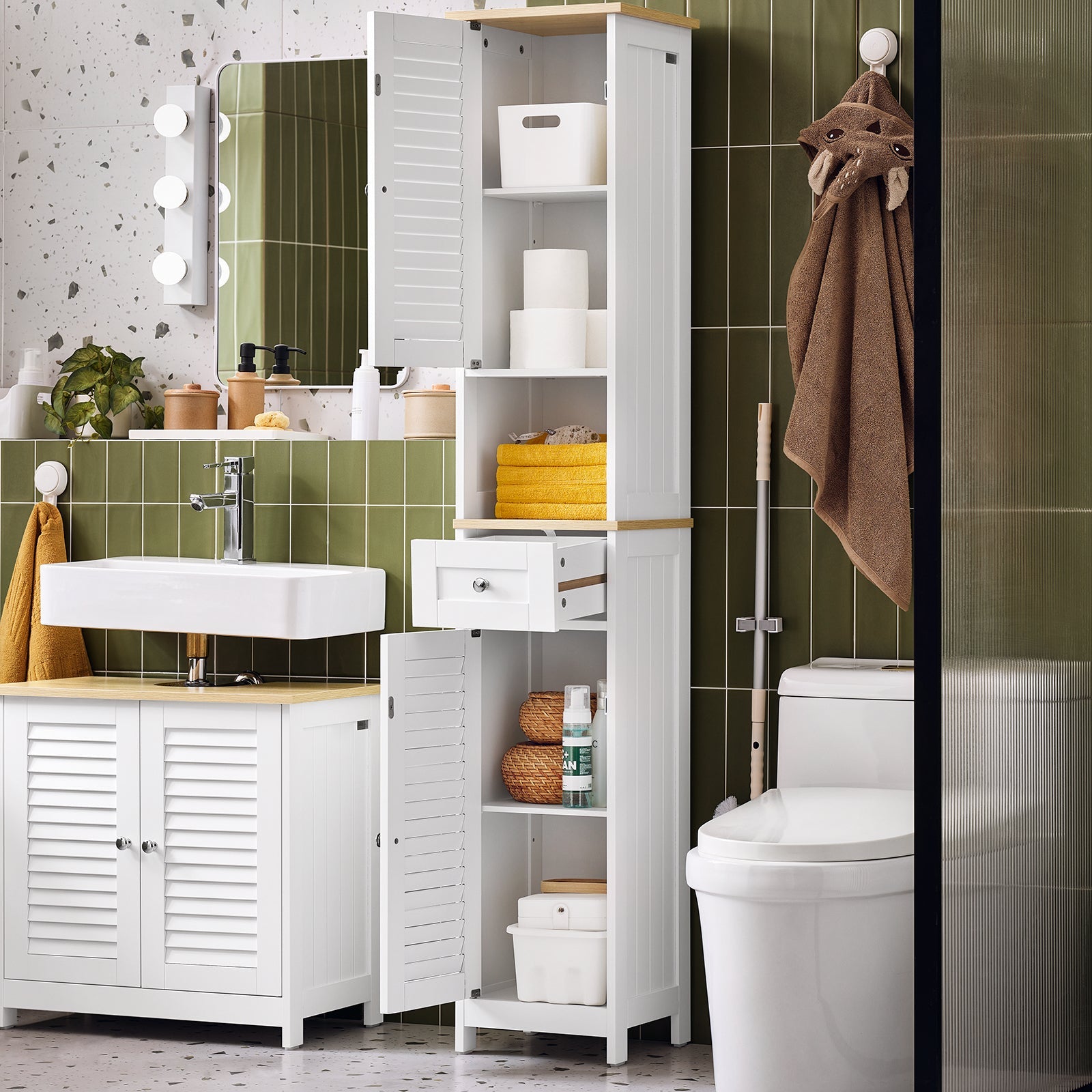SoBuy | Mobile alto da bagno | Armadietto da bagno | Scaffale da bagno | Bianco e legno naturale | FRG236-WN