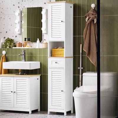 SoBuy | Mobile alto da bagno | Armadietto da bagno | Scaffale da bagno | Bianco e legno naturale | FRG236-WN