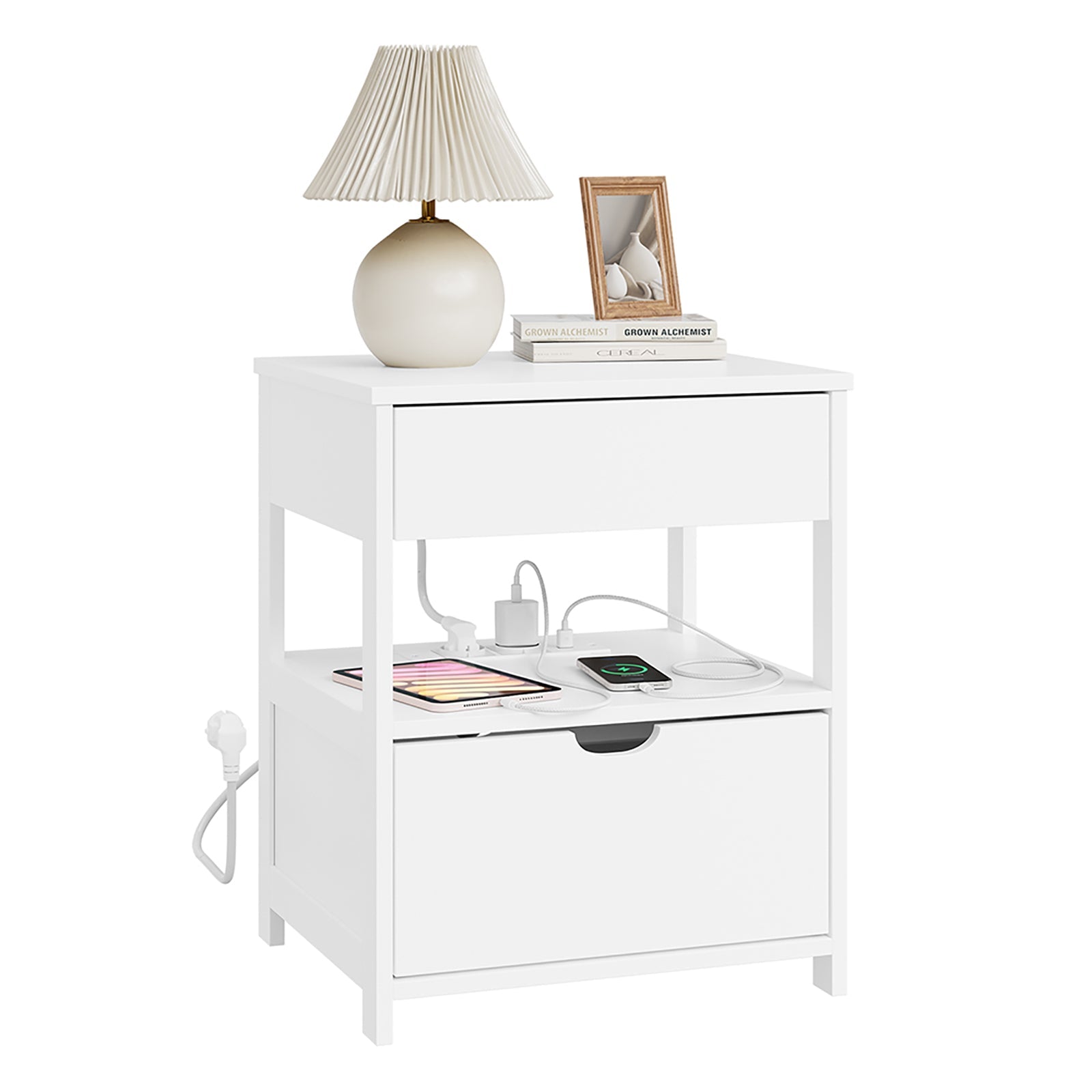 SoBuy Nachttisch mit 4-in-1 Ladefunktion Weiß 45x38x55,5 cm FRG258-II-E-W