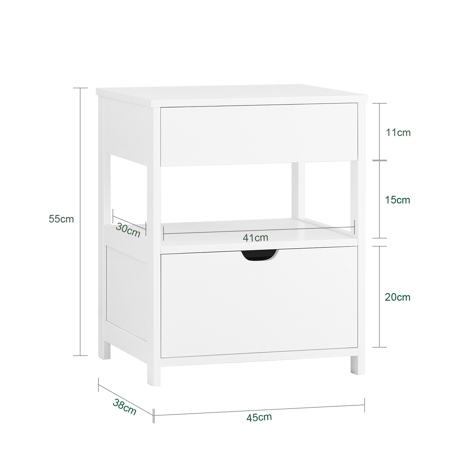 SoBuy Tavolino Comodino con 2 Cassetti Bianco 45x55x38cm FRG258-II-W