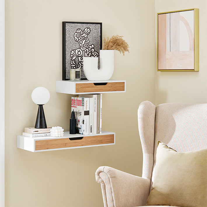 SoBuy | Étagère flottante blanche | Tiroir suspendu | Tiroir mural en bambou | FRG92-WN