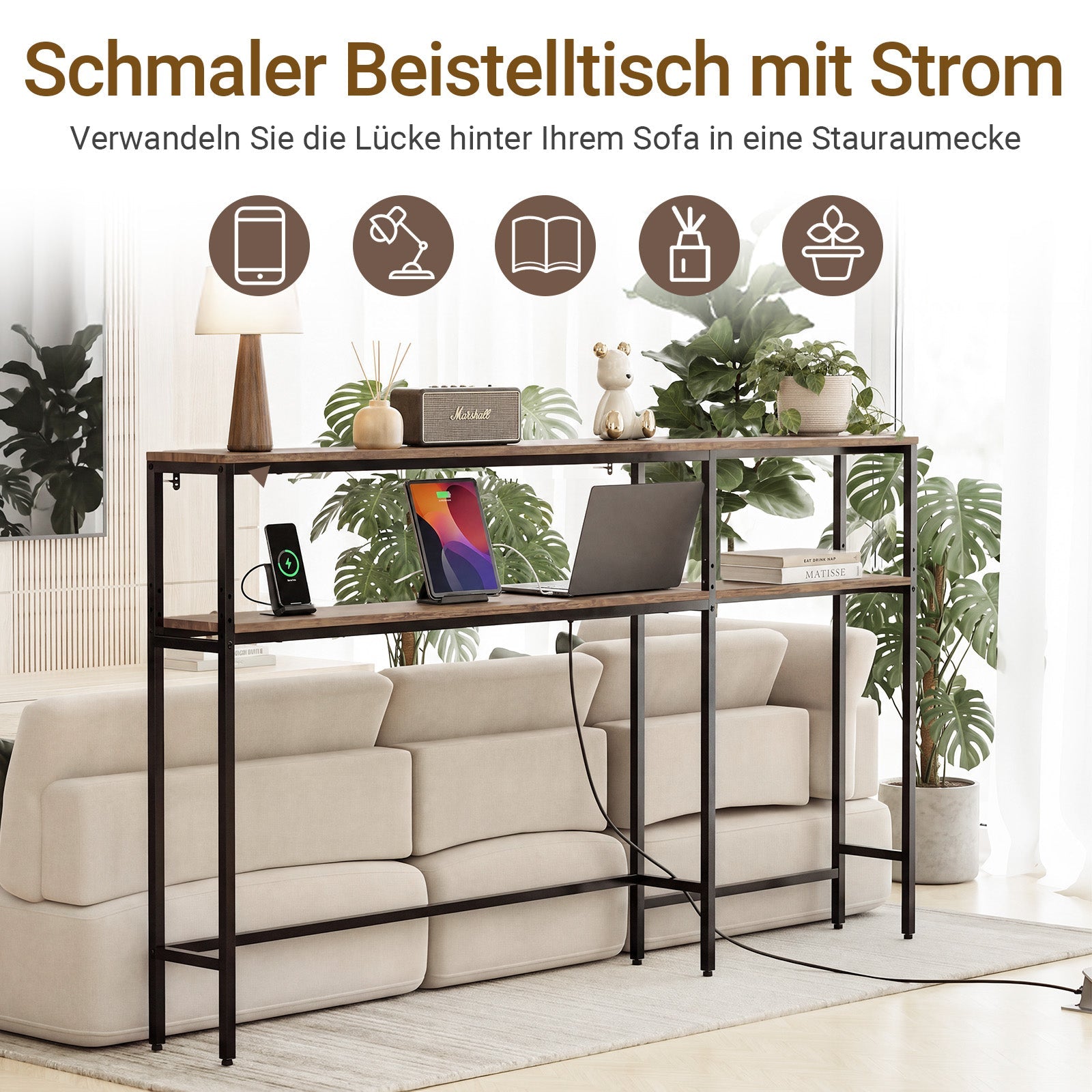 SoBuy Konsolentisch schmal 20 cm mit USB und Steckdose FSB105-E-N