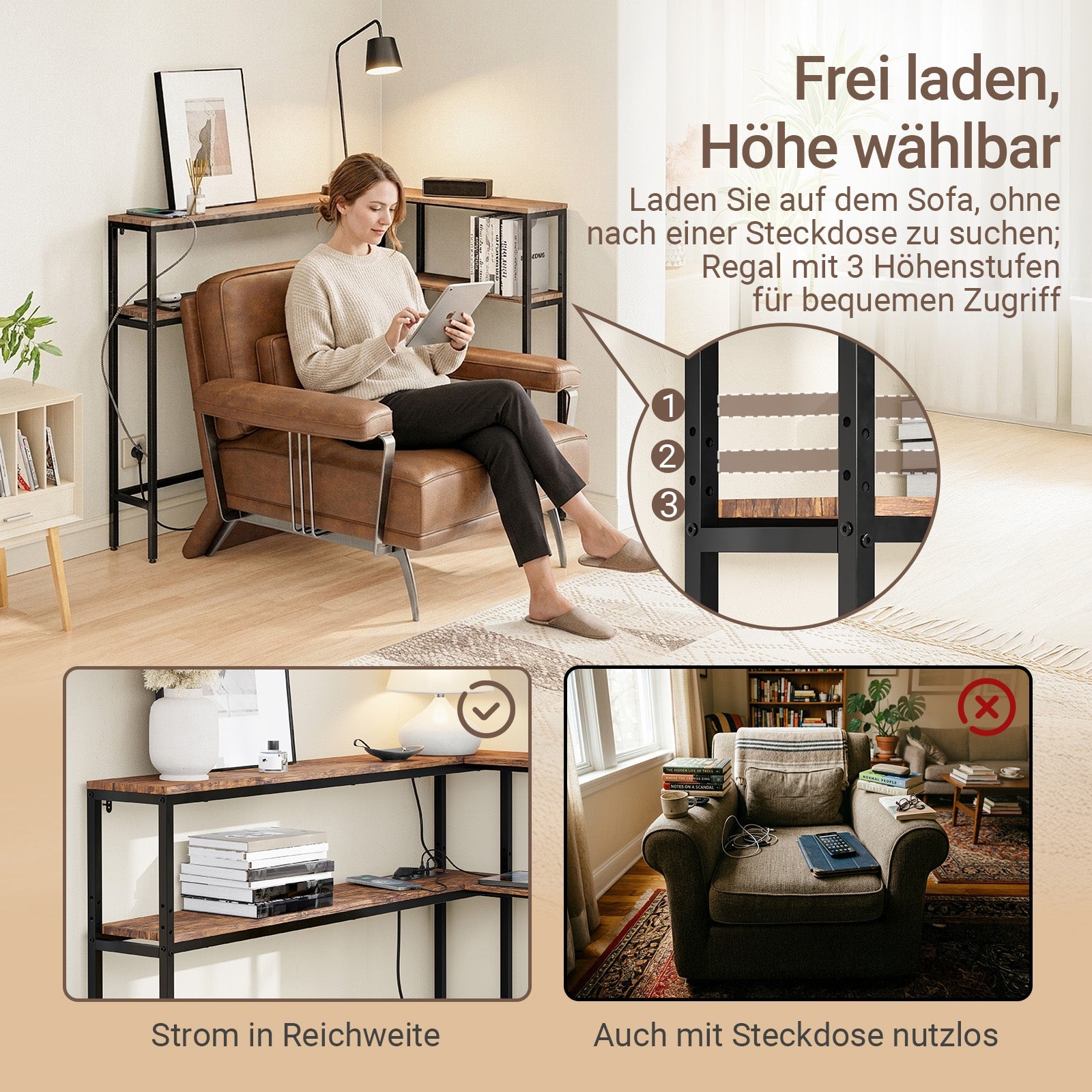 SoBuy Konsolentisch schmal 20 cm mit USB und Steckdose FSB105-E-N