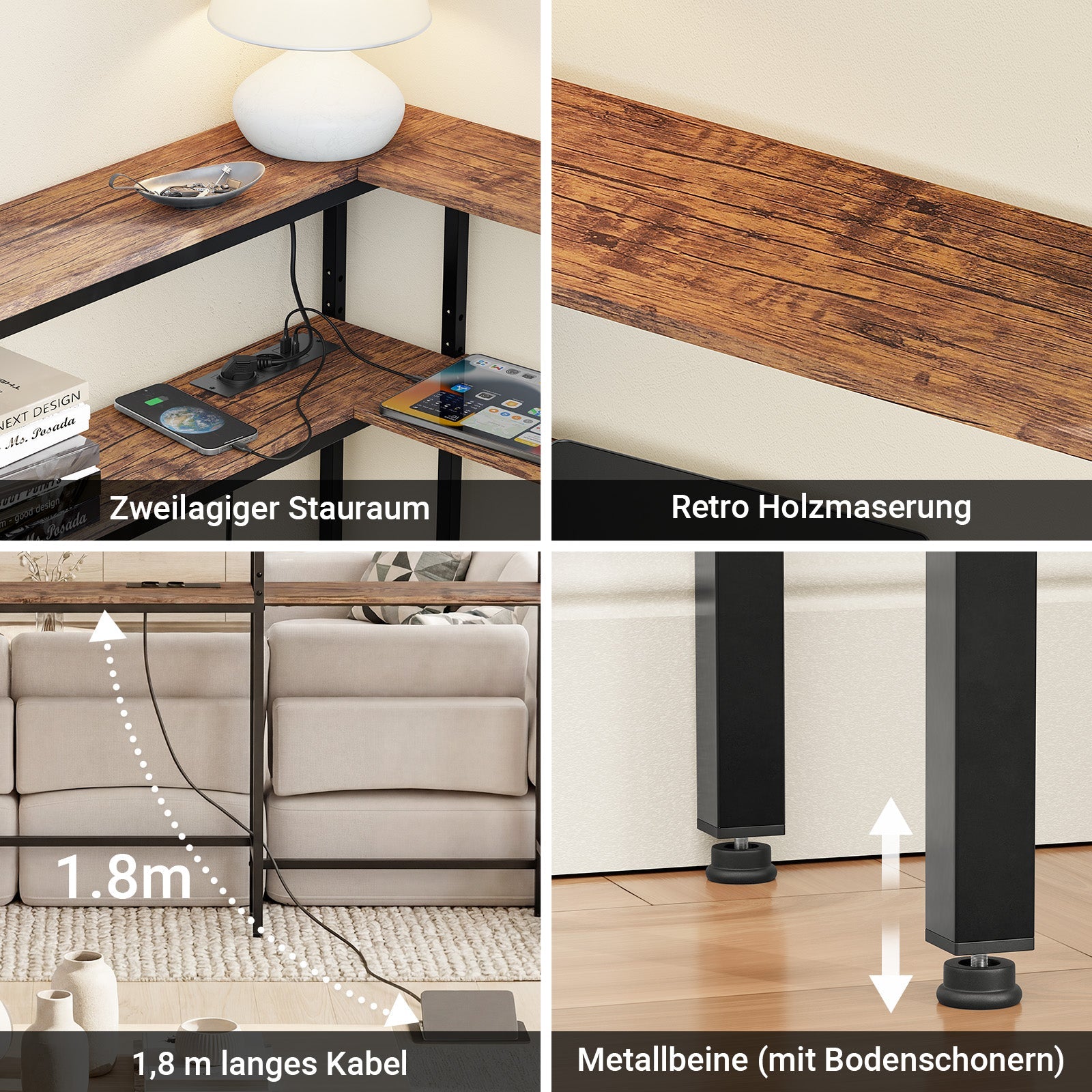 SoBuy Konsolentisch schmal 20 cm mit USB und Steckdose FSB105-E-N