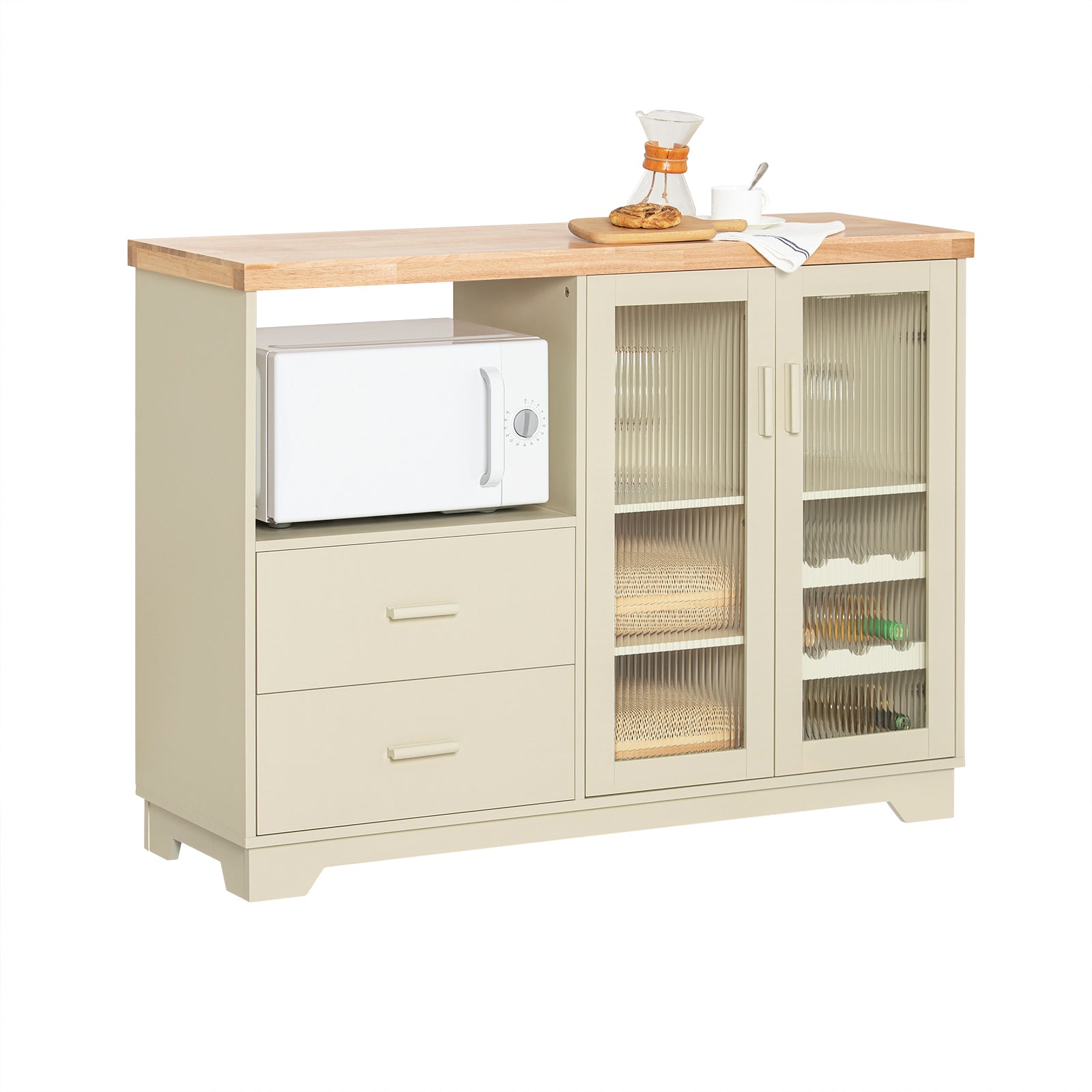 SoBuy Küchenschrank Buffet Kommode mit Glastüren & Schubladen Beige FSB81-MI