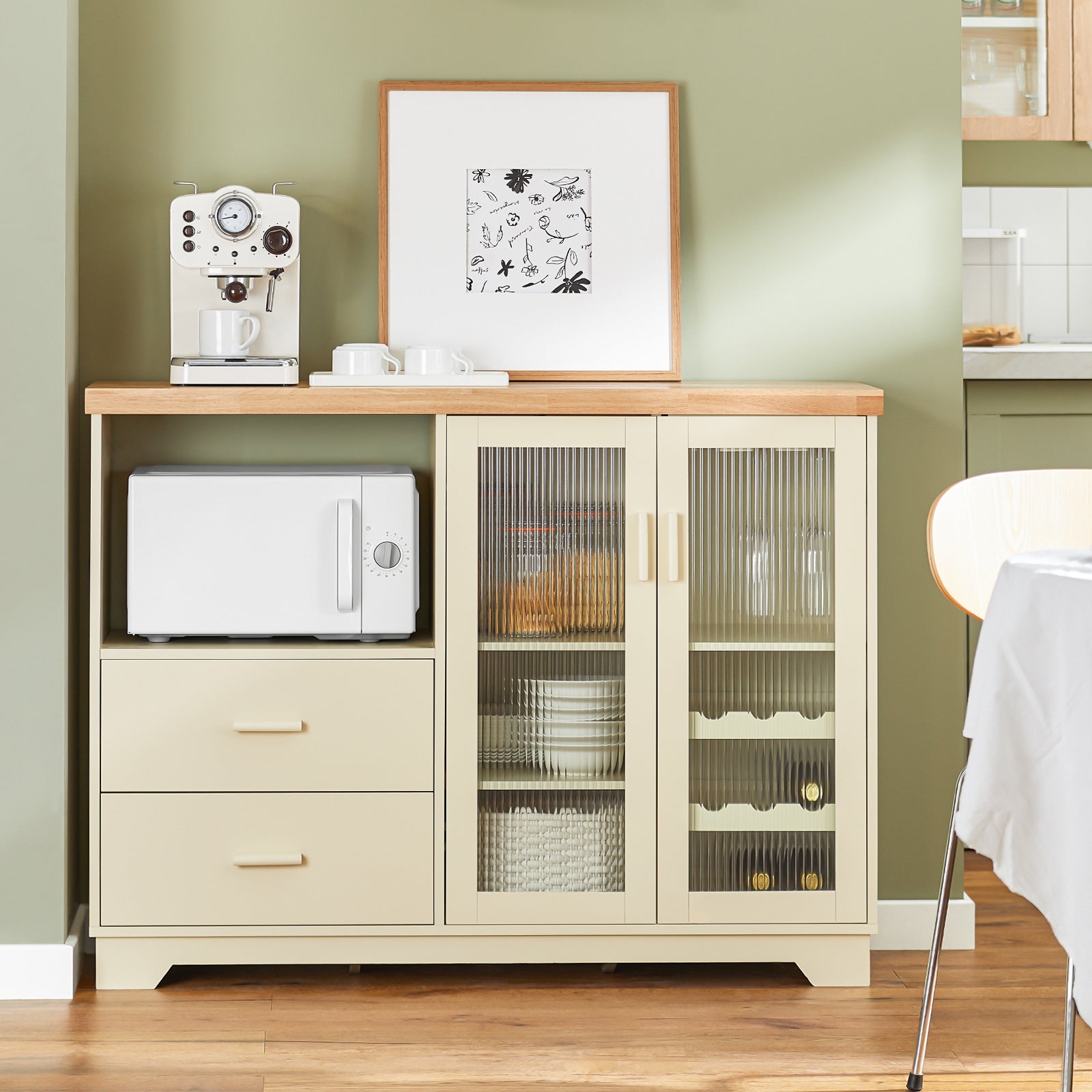 SoBuy Küchenschrank Buffet Kommode mit Glastüren & Schubladen Beige FSB81-MI
