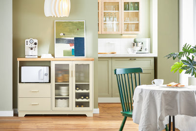 SoBuy Küchenschrank Buffet Kommode mit Glastüren & Schubladen Beige FSB81-MI