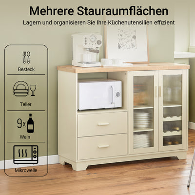 SoBuy Küchenschrank Buffet Kommode mit Glastüren & Schubladen Beige FSB81-MI