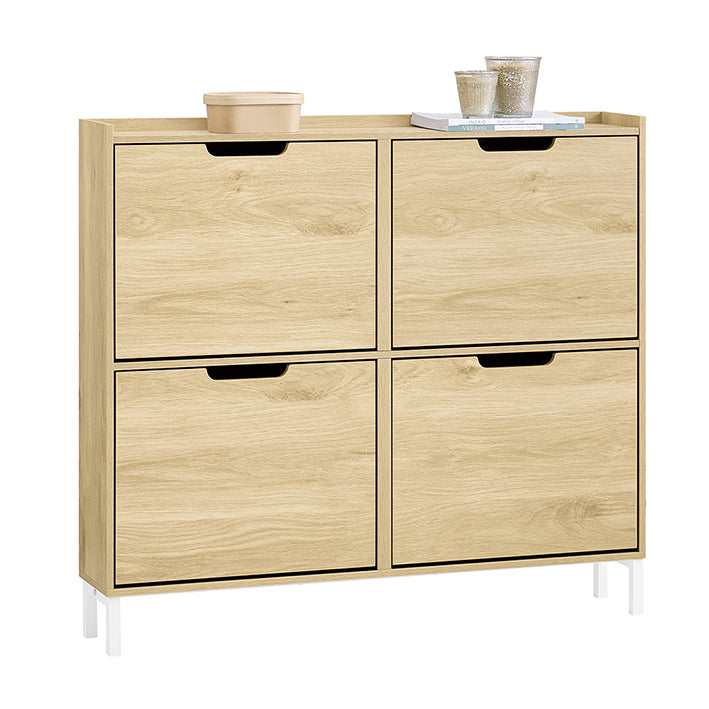 Prévente | SoBuy | Meuble à chaussures | Armoire à chaussures 4 portes | Étagère à chaussures étroite | Naturel | FSR100-N