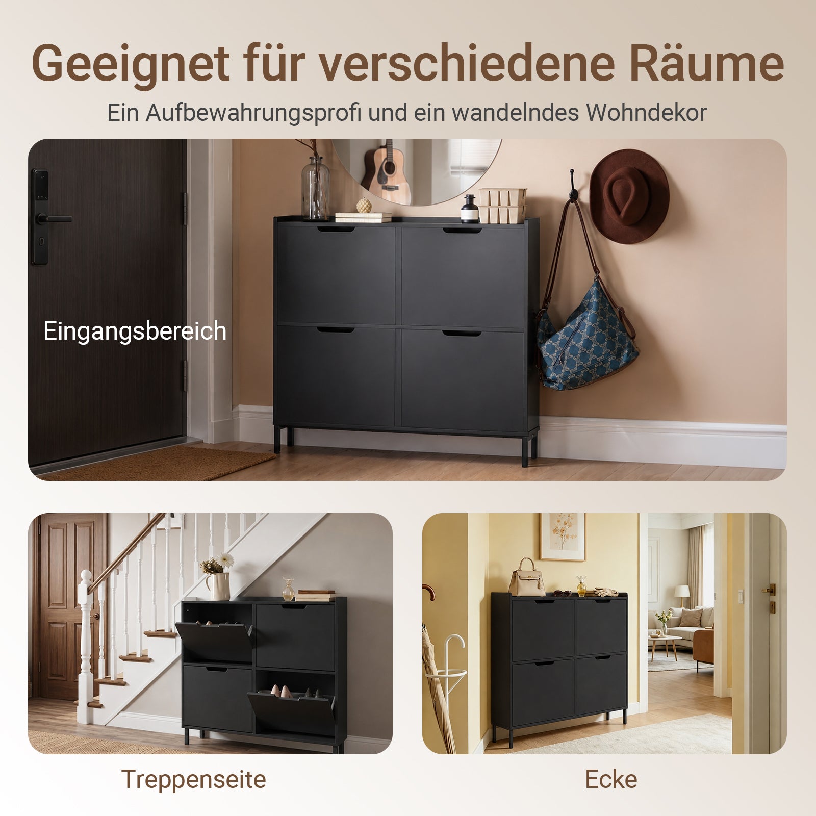 SoBuy Schuhkipper schmal mit 4 Klappen Schuhregal ohne Griffe Schwarz FSR100-SCH