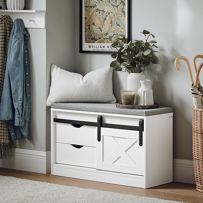 SoBuy | Banc à chaussures avec assise | Étagère à chaussures | Banc d'entrée avec portes coulissantes | Blanc | FSR153-W