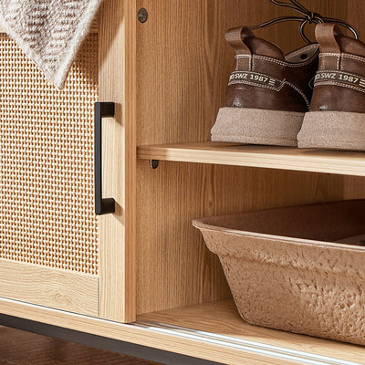SoBuy | Scarpiera con panca | Panca da ingresso con ante scorrevoli | Scarpiera | Panca | Legno naturale | FSR154-N