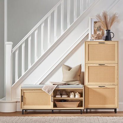 SoBuy | Banc à chaussures avec assise | Banc d'entrée avec portes coulissantes | Meuble à chaussures | Banc | Naturel | FSR154-N