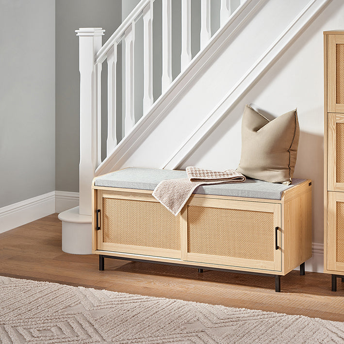 SoBuy | Banc à chaussures avec assise | Banc d'entrée avec portes coulissantes | Meuble à chaussures | Banc | Naturel | FSR154-N